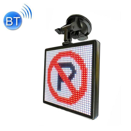 Wireless Bluetooth LED Car Sign for Custom Displays showing no parking symbol mounted with suction cup, Bluetooth control from smartphone