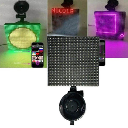 Wireless Bluetooth LED Car Sign for Custom Displays showing colorful app-controlled messages and icons on a vehicle-mounted LED panel