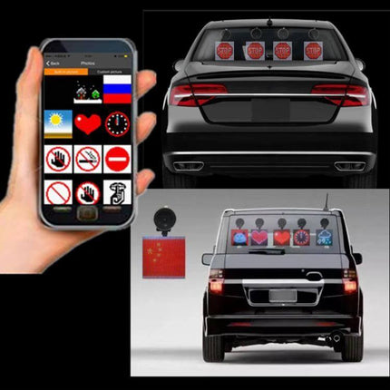 Wireless Bluetooth LED Car Sign for Custom Displays showing smartphone app and multiple LED message panels mounted on vehicle rear
