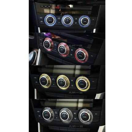 Set of 3 Aluminum Air Conditioner Knob Covers for Mazda ATENZA installed on Mazda ATENZA dashboard showing blue red gold and silver options