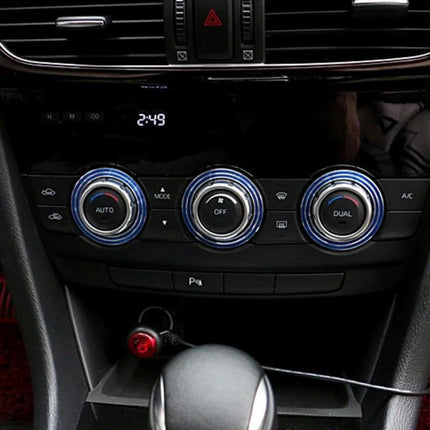 Set of 3 Aluminum Air Conditioner Knob Covers for Mazda ATENZA installed on Mazda ATENZA dashboard, blue-trimmed aluminum AC knob covers