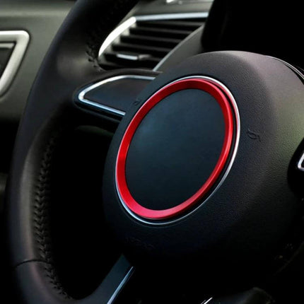 Aluminum Steering Wheel Decoration Ring for Audi Vehicles installed on black steering wheel with red accent trim