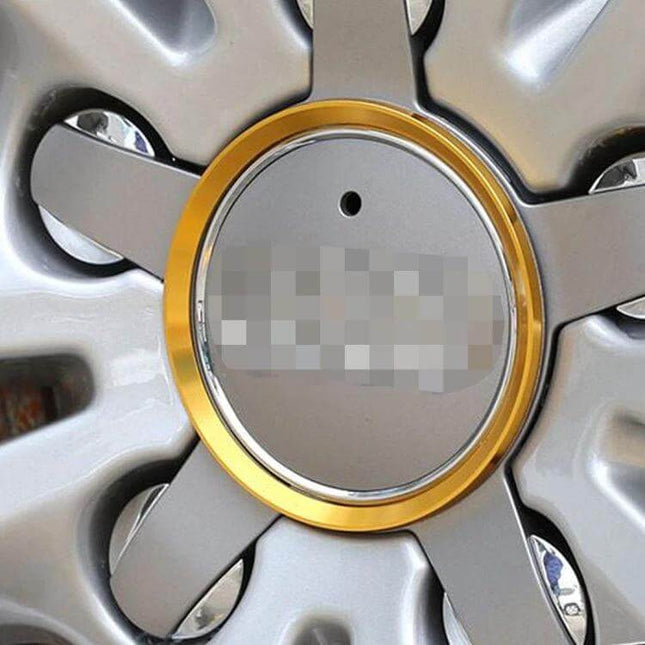 Wheel Hub Decoration Ring Aluminum 4 Pack for Audi on silver alloy wheel center with gold aluminum ring, OE-style finish and easy installation