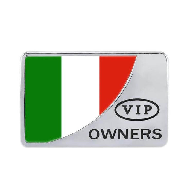 Italy Flag Rectangle Metal Decorative Car Sticker Design — rectangular metal car sticker with Italian flag and VIP OWNERS text