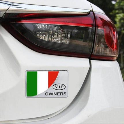 Italy Flag Rectangle Metal Decorative Car Sticker Design on white car trunk near taillight showing durable metal Italy flag decal