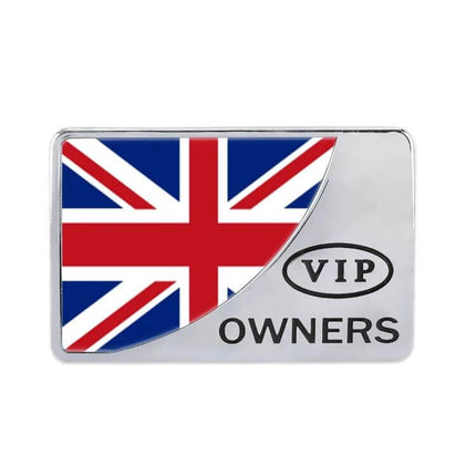 UK Flag Metal Decorative Sticker for Cars in Gold and Silver - small silver badge with Union Jack and VIP OWNERS text