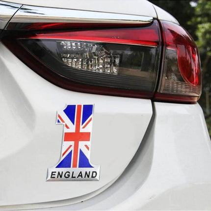 Universal Metal UK Flag Number 1 Shaped Decorative Car Sticker on white car bumper showing Union Jack design and "England" label