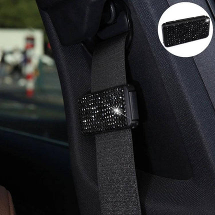 Crystal Adjustable Car Seat Belt Clip for Comfort - black crystal clip securing seatbelt to prevent shoulder rubbing, adjustable for long drives
