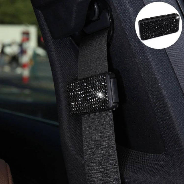 Crystal Adjustable Car Seat Belt Clip for Comfort - black crystal clip securing seatbelt to prevent shoulder rubbing, adjustable for long drives