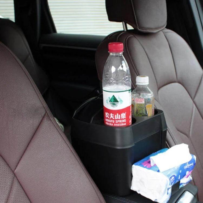 Shunwei Multifunction Car Cup Holder and Trash Bin Organizer shown between seats holding water bottles and tissues