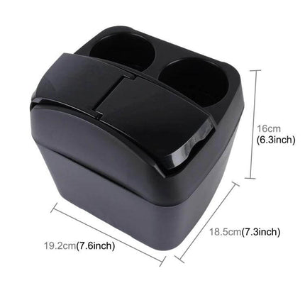 Shunwei Multifunction Car Cup Holder and Trash Bin Organizer black dual cup holder with flip-top trash bin, compact car interior organizer 19.2×18.5×16cm