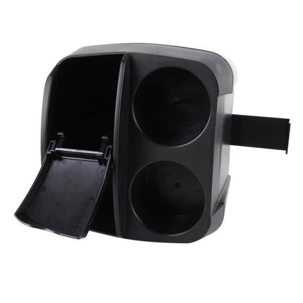 Shunwei Multifunction Car Cup Holder and Trash Bin Organizer in black with dual cup slots and flip-open trash bin for car interior