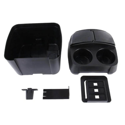 Shunwei Multifunction Car Cup Holder and Trash Bin Organizer showing black two-cup holder and detachable trash bin with mounting parts