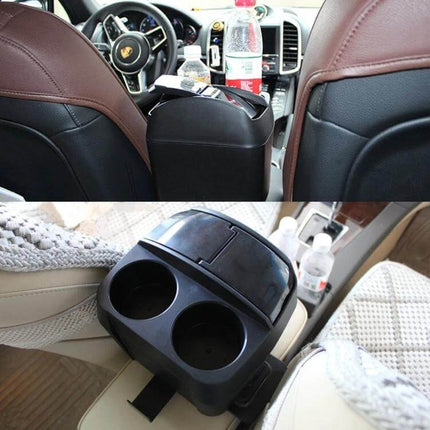 Shunwei Multifunction Car Cup Holder and Trash Bin Organizer placed between car seats with two cup slots and trash compartment