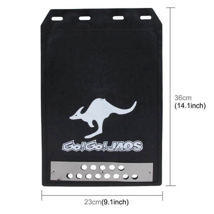 Silicone Mud Flaps for Front and Rear Car Protection - black silicone mud flap with kangaroo logo, metal guard, 36cm x 23cm