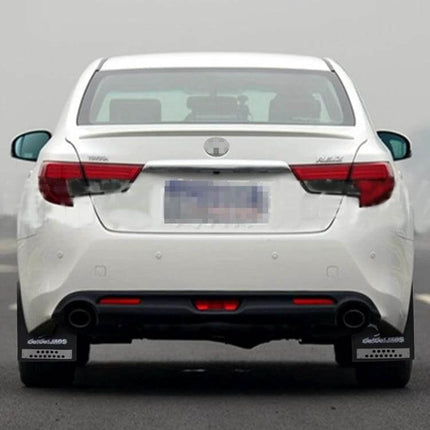 Silicone Mud Flaps for Front and Rear Car Protection installed on a white sedan rear to shield wheels from mud, water, and road debris