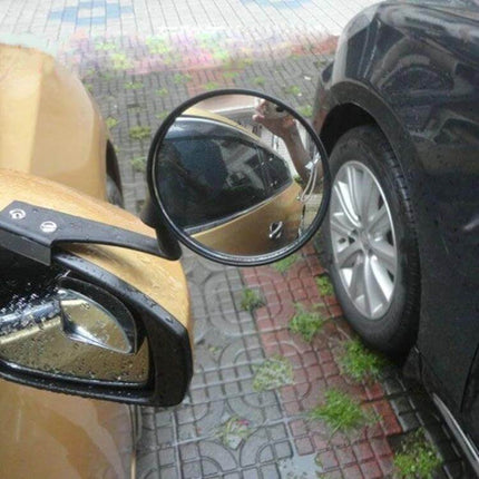 Wide-Angle Adjustable Blind Spot Mirror for Vehicle Parking attached to car side mirror showing parking between vehicles