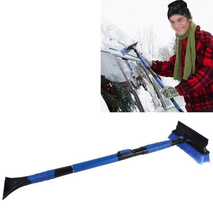 Extendable Car Snow Brush with Ice Scraper and Squeegee for Winter Use shown in use clearing snow from a windshield and as full blue telescoping tool