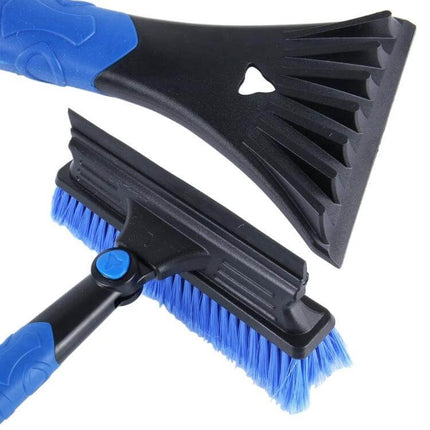 Extendable Car Snow Brush with Ice Scraper and Squeegee for Winter Use – blue bristle brush and black ice scraper, extends to reach windshields and roofs