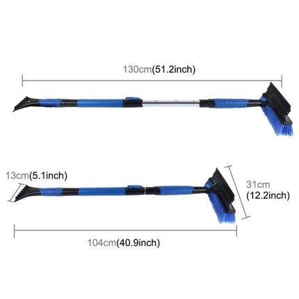 Extendable Car Snow Brush with Ice Scraper and Squeegee for Winter Use shown extended and collapsed with measurements for windshield, hood, and hard-to-reach areas