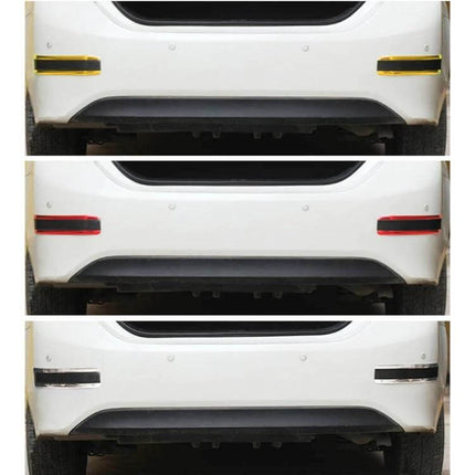 Universal Electroplate Carbon Fibre Car Door Decor Strip applied to rear bumper in yellow red and black variants on white car