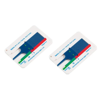 Essential Plastic Tire Tread Depth Gauge for Daily Vehicle Checks shown measuring tread depth 0-20mm with color-coded safety scale