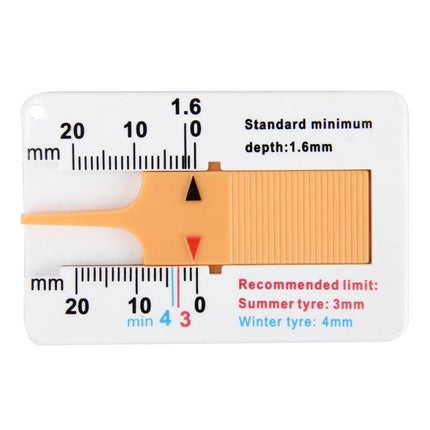 Essential Plastic Tire Tread Depth Gauge for Daily Vehicle Checks showing 0–20mm scale and recommended limits