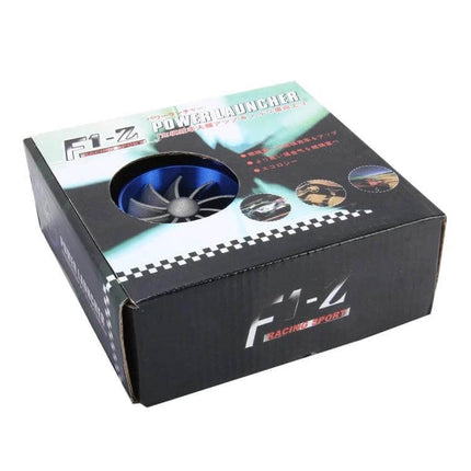 Stainless Universal Turbine Air Intake Kit, Single-Side Design shown boxed with visible blue turbine wheel and black racing-style packaging
