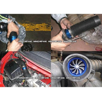 Stainless Universal Turbine Air Intake Kit, Single-Side Design installed in engine bay showing stainless pipe and blue turbine inlet