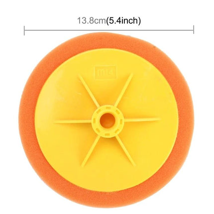 Auto Polishing Sponge Wheel for Waxing and Cleaning, 14mm Hole - orange foam pad with yellow plastic backing, 13.8cm (5.4in) diameter