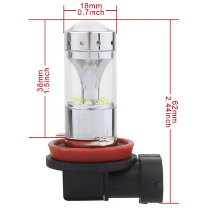 Car Fog Lights 2 Pack H8 H11 Compatible for Foggy Weather Driving - close-up LED bulb with dimensions and red gasket