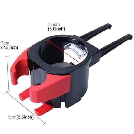 Shunwei Multifunctional Car Air Vent Holder for Phones and Drinks showing phone and bottle holder with red grips and vent clip dimensions