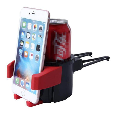 Shunwei Multifunctional Car Air Vent Holder for Phones and Drinks holding a smartphone and a drink can clipped into a car vent