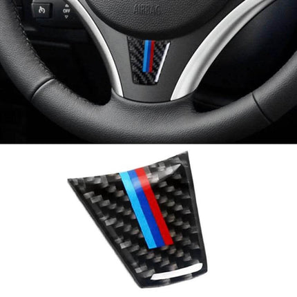 Decorative Carbon Fiber Steering Wheel Sticker for BMW Vehicles - carbon fiber trim with tri-color stripe fitted on BMW steering wheel