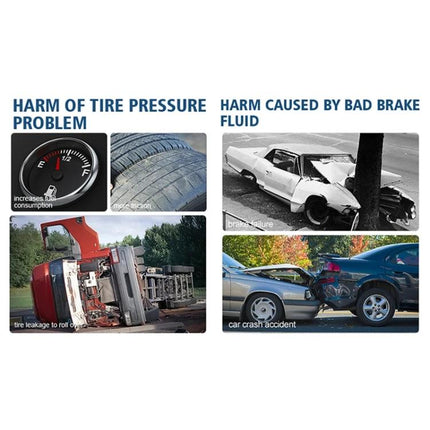 Versatile Aid for Everyday Car Brake and Tire Checks - compact tool showing harms of low tire pressure and bad brake fluid to prevent crashes