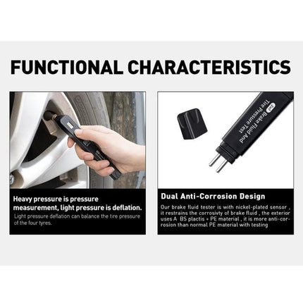 Versatile Aid for Everyday Car Brake and Tire Checks compact brake fluid moisture tester and tire pressure gauge in use