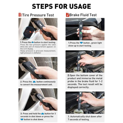 Versatile Aid for Everyday Car Brake and Tire Checks - compact dual brake fluid moisture tester and tire pressure gauge showing usage steps