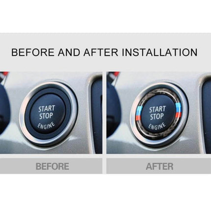 Carbon Fiber Decorative Sticker for BMW Engine Start Button shown in before and after installation on BMW start/stop engine button