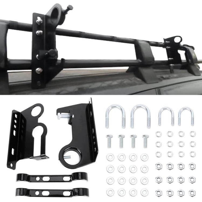 Vehicle Roof Rack Holder for Agriculture Tools and Shovels mounted on vehicle roof with brackets, U-bolts and hardware kit for shovels and poles
