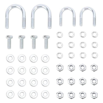 Vehicle Roof Rack Holder for Agriculture Tools and Shovels hardware kit showing U-bolts, bolts, nuts and washers neatly arranged