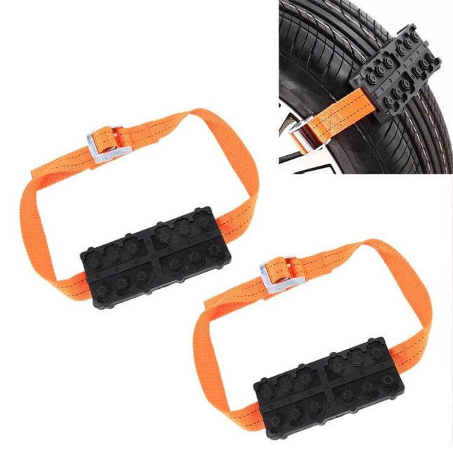 Universal Non-Slip Traction Mats for Car Tires in Snow and Mud - orange strap mats provide instant tire grip on snow and mud