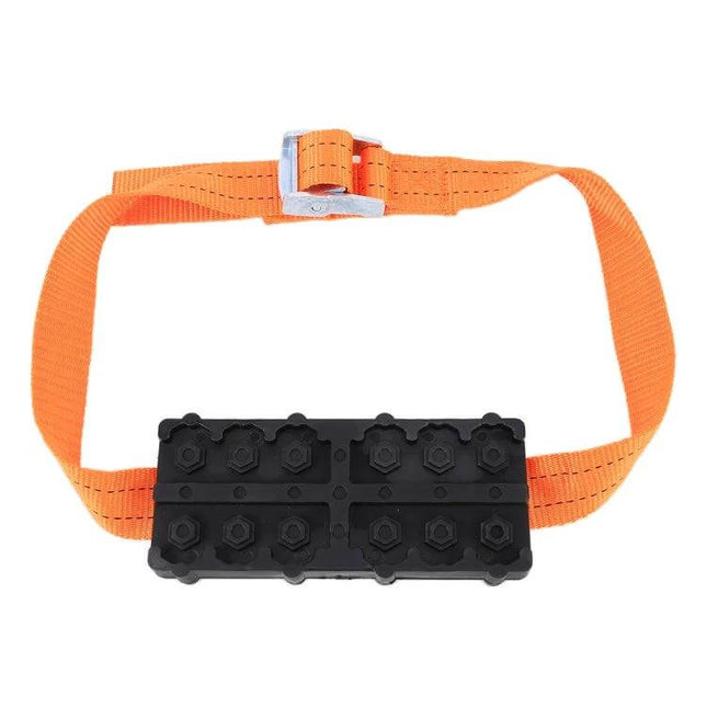 Universal Non-Slip Traction Mats for Car Tires in Snow and Mud - orange strap and black textured traction mat for tire grip