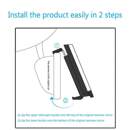 Shunwei Large Wide-Angle Adjustable Rear View Mirror for Safe Driving installation diagram showing 2-step clip-on attachment