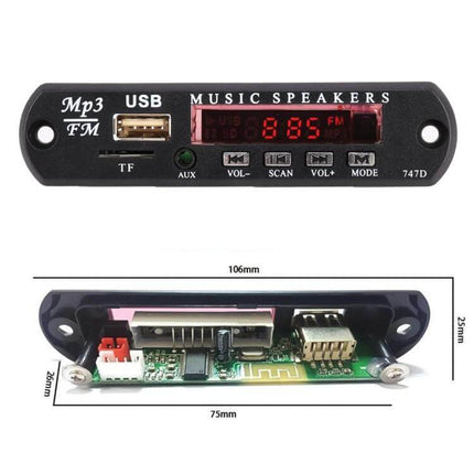 Bluetooth Car MP3 Player with FM Radio and USB Support showing front panel USB TF AUX ports and FM display, compact car audio upgrade module
