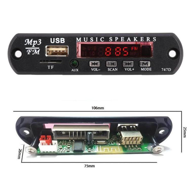 Bluetooth Car MP3 Player with FM Radio and USB Support showing front panel USB TF AUX ports and FM display, compact car audio upgrade module