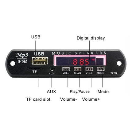 Bluetooth Car MP3 Player with FM Radio and USB Support front panel showing USB, TF slot, AUX, digital display and control buttons