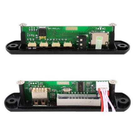 Bluetooth Car MP3 Player with FM Radio and USB Support showing internal circuit board, USB port, TF card slot and wiring