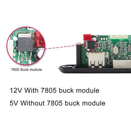 Bluetooth Car MP3 Player with FM Radio and USB Support showing 7805 buck module option and USB port, 12V with 7805 or 5V without (product close-up)