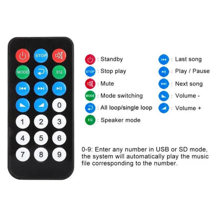 Bluetooth Car MP3 Player with FM Radio and USB Support remote control showing buttons for play, pause, volume, mode, EQ and numeric USB/SD track entry