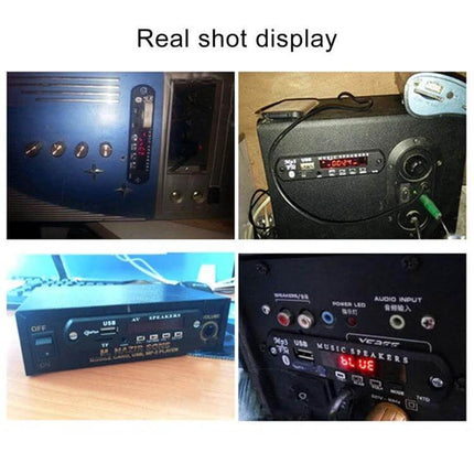 Bluetooth Car MP3 Player with FM Radio and USB Support displayed in real-shot collage showing unit installed and USB/AUX/TF ports